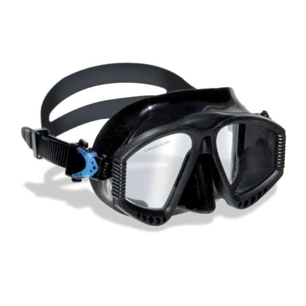 The St. Marteen Mask (Youth/Adult) features a black frame, clear tempered glass lenses, adjustable straps, and blue accents on the side buckles, displayed against a white background.