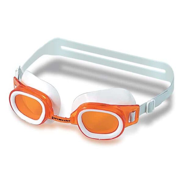 The ST LUCIA GOGGLE, featuring an orange and white design with a clear strap, is displayed on a white surface.