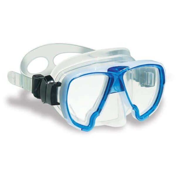 The SEA QUEST MASK is a blue and clear diving mask featuring dual lenses and an adjustable silicone strap, displayed against a white background.
