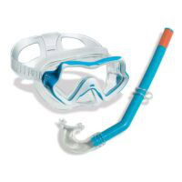 The INTREPID KID MASK/SNORKEL SET features a blue and white mask with a clear strap and a matching snorkel tube with an orange top, shown on a white background.