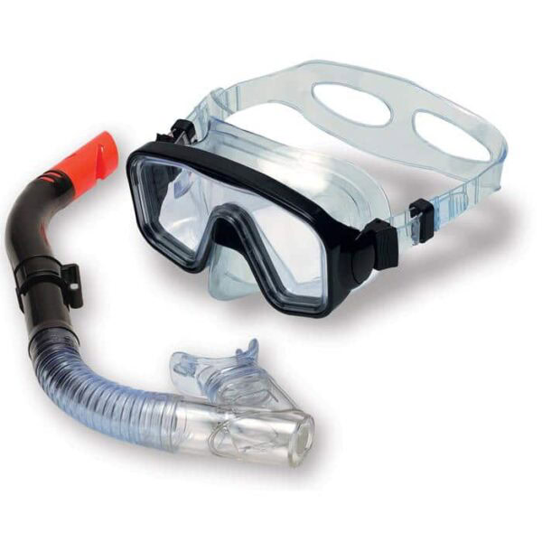 The MANATEE MASK/SNORKEL SET features a clear mask with a black frame and adjustable strap, paired with a matching snorkel that has a flexible blue tube and a red tip.