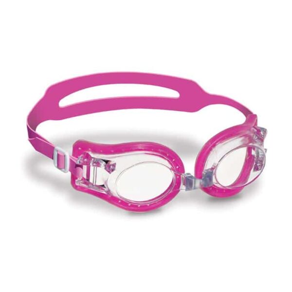 Caribe Goggle with Case: Pink swimming goggles featuring clear lenses and an adjustable strap, shown on a white background.
