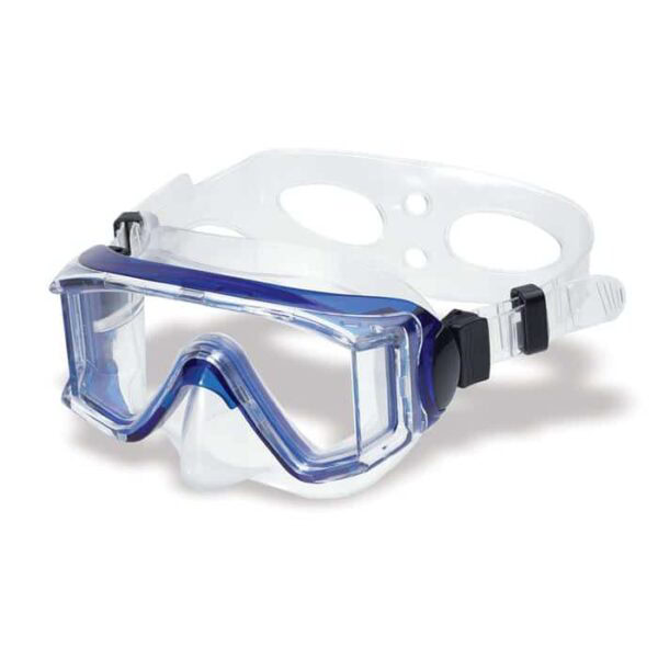 The ANTIGUA TMASK is a clear snorkeling or diving mask featuring blue trim, transparent lenses, and an adjustable white silicone strap.