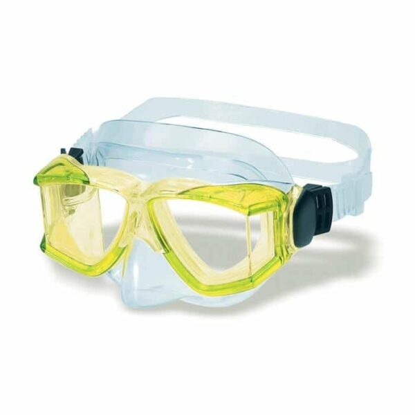 The Extreme Mask is a pair of clear plastic swim goggles featuring a yellow-tinted frame and an adjustable white strap.