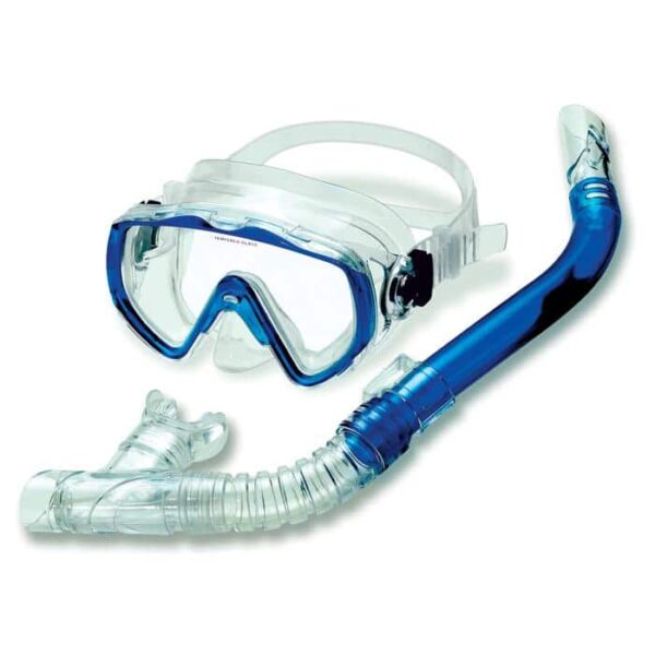 The Sea Searcher Maske/Snorkel Set (Adult) features a clear diving mask with adjustable strap and a blue curved snorkel tube with mouthpiece, all shown on a white background.