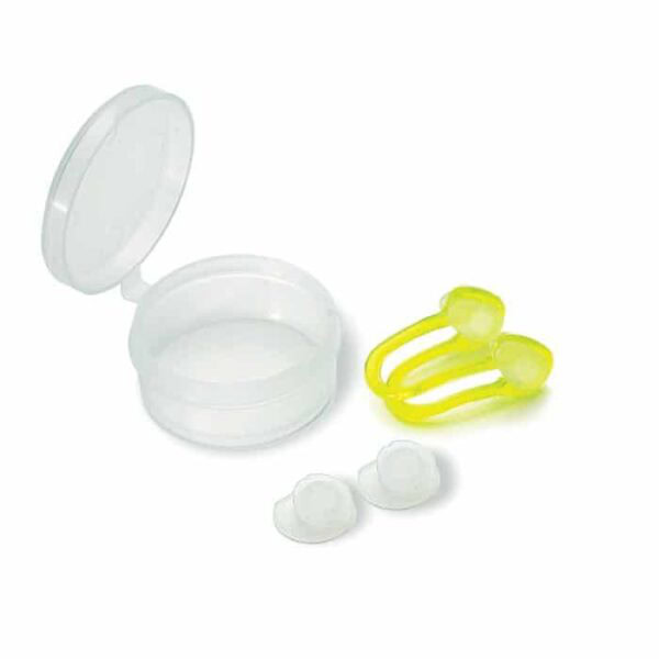Silicone Nose & Ear Plugs set includes a plastic case with a transparent lid, one yellow nose clip, and two white ear plugs, displayed on a white background.