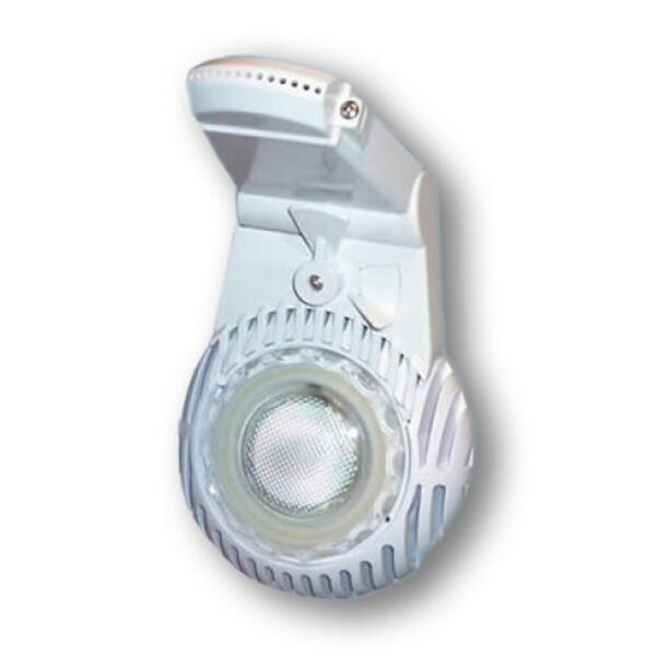A close-up of the FOUNTAIN ATTACHMENT, a white outdoor pool light fixture with a protective cover opened to reveal the round bulb inside.