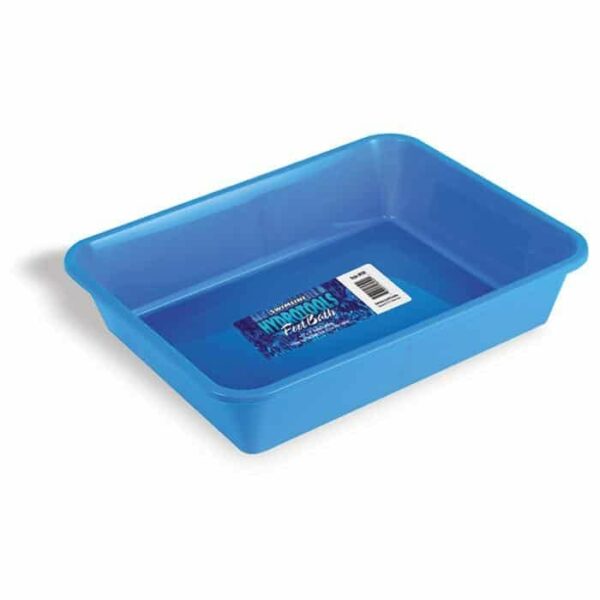 A rectangular blue plastic Footbath (20 x 15) with slightly sloped sides and a product label on the inside bottom, shown empty against a white background.