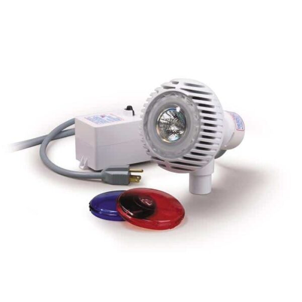 The Quasar Above Ground In-Pool Light by Pentair features a white spotlight lamp with power cord and plug, a white control box, and three lens covers in red, blue, and purple—all displayed on a white background.