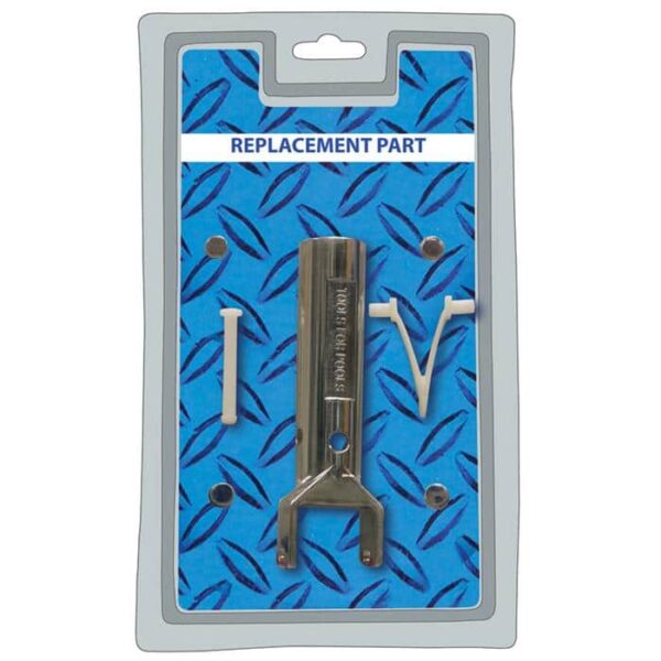 The Metal Vac Handle replacement kit includes a metal tool and two white plastic parts in plastic packaging, displayed on a blue patterned background. The label at the top reads REPLACEMENT PART.