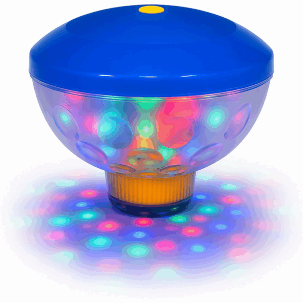 The UNDERWATER LIGHT SHOW #3550 is a blue, dome-shaped projector that casts vibrant red, green, and blue circular patterns onto surfaces below for a dazzling dotted display.
