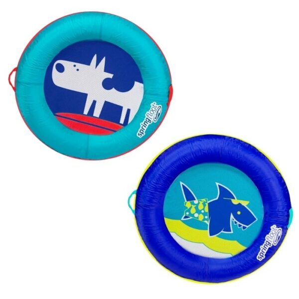 Two Spring Float Kids Boats: one turquoise with a white dog on a red surfboard, and one blue with a shark in a yellow polka-dot swimsuit.