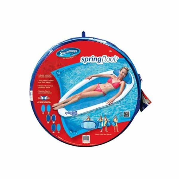 A round package displays the Spring Float Lounge, featuring a woman in a pink bikini relaxing on a white and blue inflatable pool float. The packaging highlights features and includes smaller photos of people using the float.