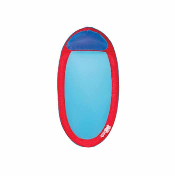 The Spring Float Lounge is an oval-shaped blue pool float with a red border and a blue headrest at the top, shown on a white background.