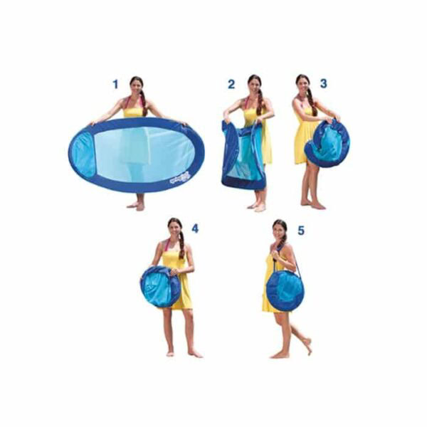 A woman in a yellow dress demonstrates folding the Spring Float Recliner Lounge into a compact circular bag, shown in five steps from holding the open float to carrying it folded in a small case.