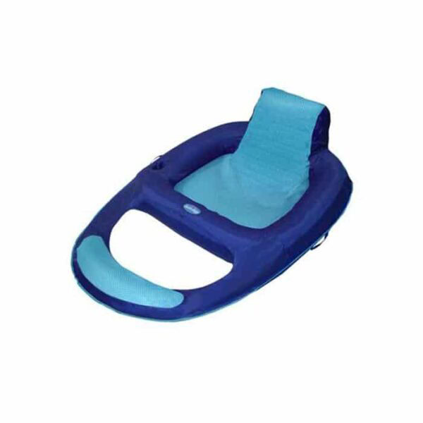 The Spring Float Recliner Lounge is a blue inflatable pool float featuring a built-in headrest and mesh seat, perfect for one person to relax and lounge in the water.