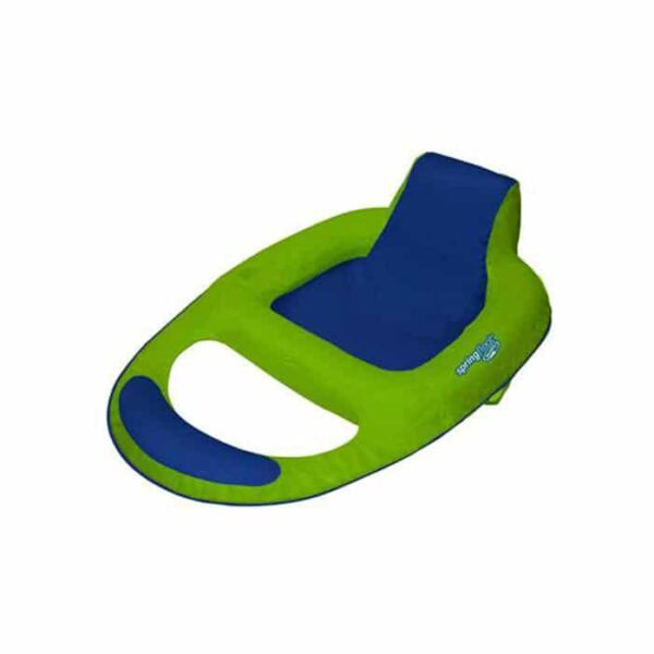 The Spring Float Recliner Lounge is a green and blue inflatable pool chair for one person, featuring a backrest and open leg area for relaxing comfortably in the water.