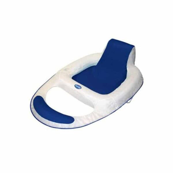 The Spring Float Recliner Lounge features a white frame with a blue seat and headrest, plus a backrest and front leg opening, offering comfortable relaxation in the water.