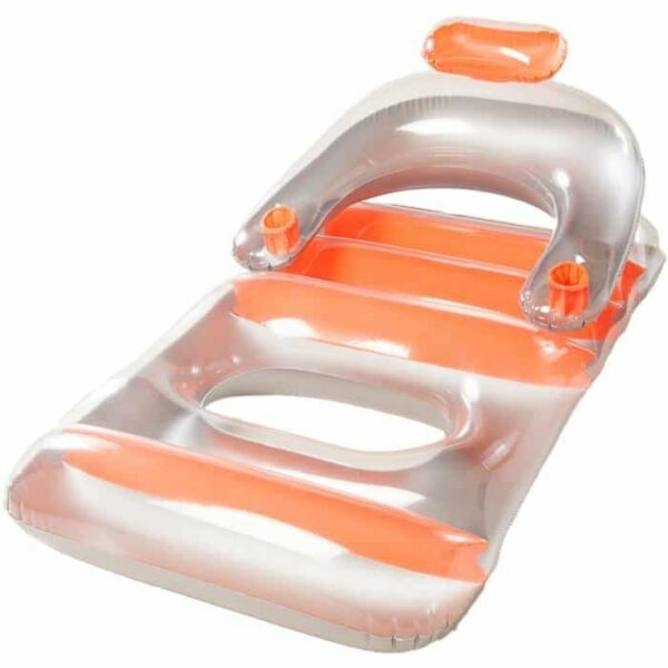 The Deluxe Lounge Chair is an inflatable pool chair in silver and orange featuring a backrest, two cup holders, and an open leg section.
