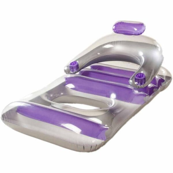 The Deluxe Lounge Chair is an inflatable pool chair with silver and purple accents, an elevated backrest, two built-in cup holders, and a seat hole—perfect for relaxing on the water.