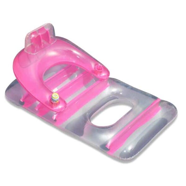 The Deluxe Lounge Chair is a pink and clear inflatable pool lounger featuring an upright backrest, cup holder, and a leg hole in the seating area.