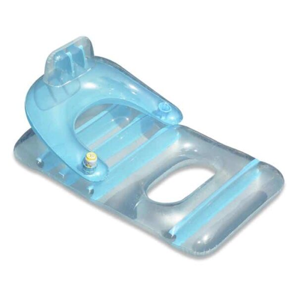 The Deluxe Lounge Chair is a blue inflatable pool lounger with a built-in backrest and armrest, an integrated cup holder, and two cut-out sections, perfect for relaxing in the water.