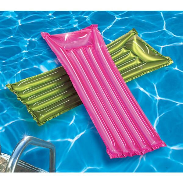 Two Suntanner Mattress 72 inflatable pool floats, one pink and one green, overlap in an X-shape on a clear blue swimming pool near a metal ladder.