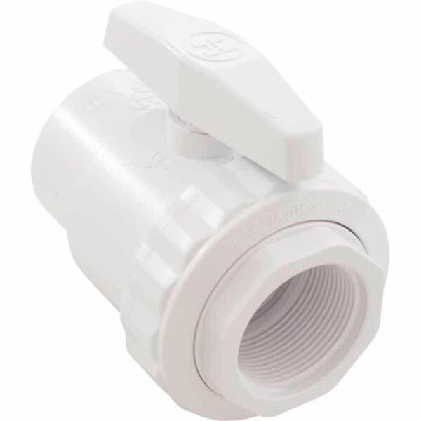 The Ball Valve, 1-1/2 FPT x 1-1/2 FPT is a white plastic valve with a threaded end and lever handle (closed), commonly used to control water flow in plumbing systems.