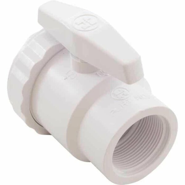 The Ball Valve, 1-1/2 FPT x 1-1/2 FPT is a white plastic valve with lever handle and threaded ends, designed for easy water flow control in plumbing systems.