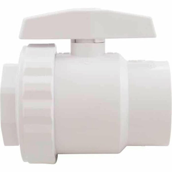 The Ball Valve, 1-1/2 FPT x 1-1/2 FPT is a white plastic valve with a large handle and threaded ends, ideal for controlling liquid flow in piping systems.