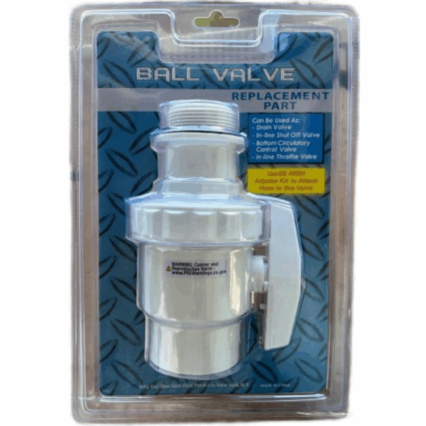 A packaged Ball Valve, 1-1/2 MPT x 1-1/2 FPT with handle is shown upright in clear plastic packaging. The blue label details uses and warnings, and the product is set against a patterned background.