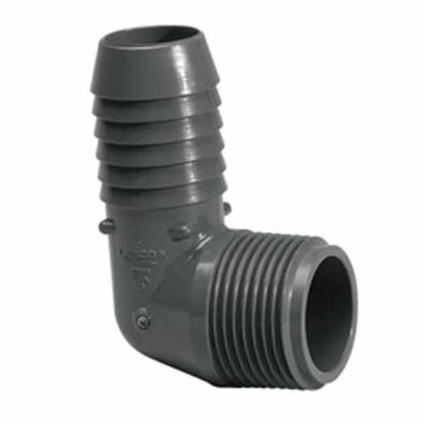 The Elbow, 90° 1-1/2 MPT x 1-1/2 Barb Insert is a gray plastic connector with ribbed and threaded ends, designed to join flexible hoses at a right angle.