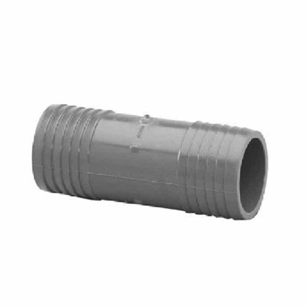 The Coupling, 1-1/2 Insert x 1-1/2 Insert is a gray plastic connector with ribbed ends and a smooth center, used to join two lengths of pipe.