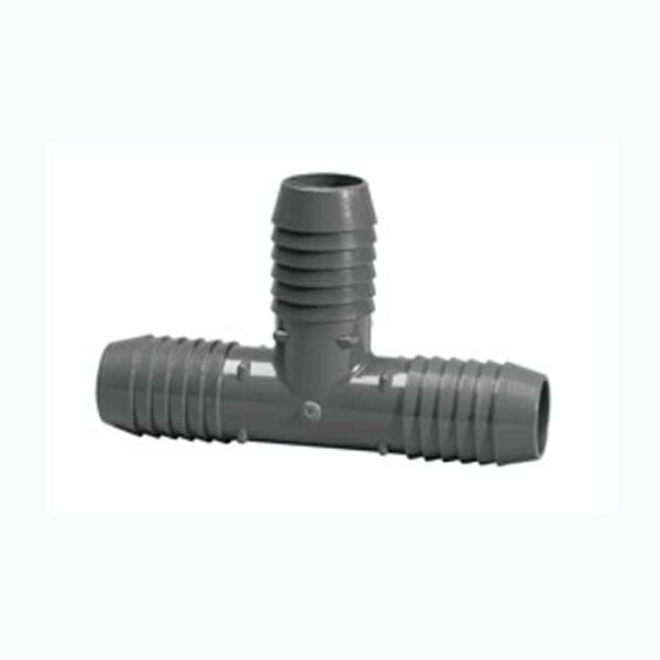 The Tee, 1-1/2 Barb x 1-1/2 Barb x 1-1/2 Barb is a gray plastic barbed T-connector with three openings for joining flexible tubing in plumbing or irrigation systems.
