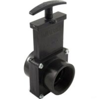 A black plastic VALVE PUSH/PULL FPT 1-1/2IN with a T-shaped handle and threaded ends, used for controlling water flow in pipes. The word Vatern appears on the valve body.