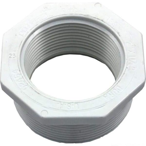 The Bushing, 2 MPT x 1-1/2 FPT is a white PVC hex-head reducer with internal threads for connecting pipes of different sizes in plumbing systems.