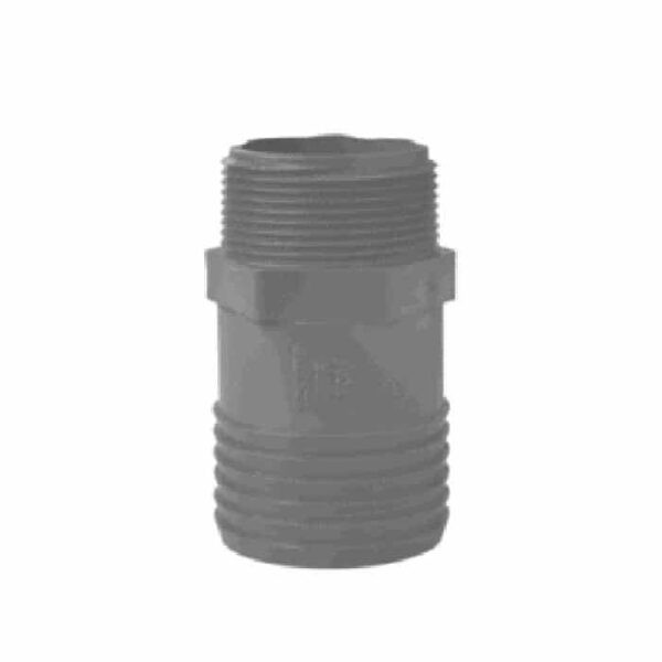 A black plastic adapter, 1-1/4 MPT x 1-1/2 Insert, with male threads on both ends, is shown against a white background.