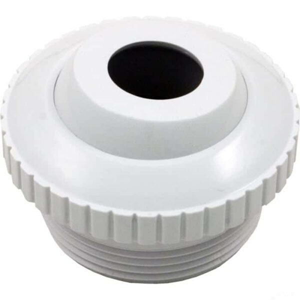 Close-up of the Hydrostream Eyeball Fitting 3/4 (SO1419D), a white, round plastic pool jet with a ridged edge and central hole, designed to control water flow in swimming pools.