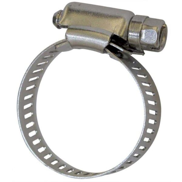 A close-up of a Stainless Steel Hose Clamp 1/2 - 1-1/4 with a slotted band and screw mechanism, isolated on a white background.