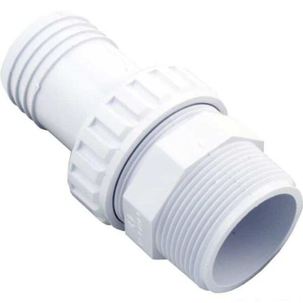 The Econo-Union 1-1/2 MPT x 1-1/2 Hose Barb is a white plastic plumbing fitting with a threaded end and a ribbed connector for joining pipes or hoses.