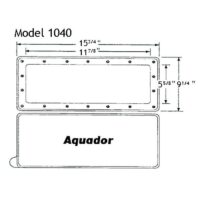 Technical drawing of AQUADOR FACEPLATE/LID-RAPIDFLO rectangular panel, 15 3/4 x 9 1/4 overall, 11 7/8 x 5 5/8 inner cutout, with mounting holes and labeled Aquador.