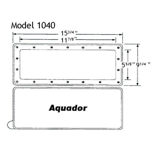 Technical drawing of AQUADOR FACEPLATE/LID-RAPIDFLO rectangular panel, 15 3/4 x 9 1/4 overall, 11 7/8 x 5 5/8 inner cutout, with mounting holes and labeled Aquador.
