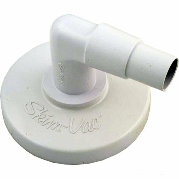The Skim Vac (SP11041) is a white plastic pool skimmer vacuum plate featuring an angled hose connector, designed for use with pool cleaning systems.