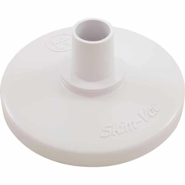 A round, white plastic Skimmer Vac Plate (SP1107) featuring a suction cup design, raised central tube, and embossed Skim-Vac text.