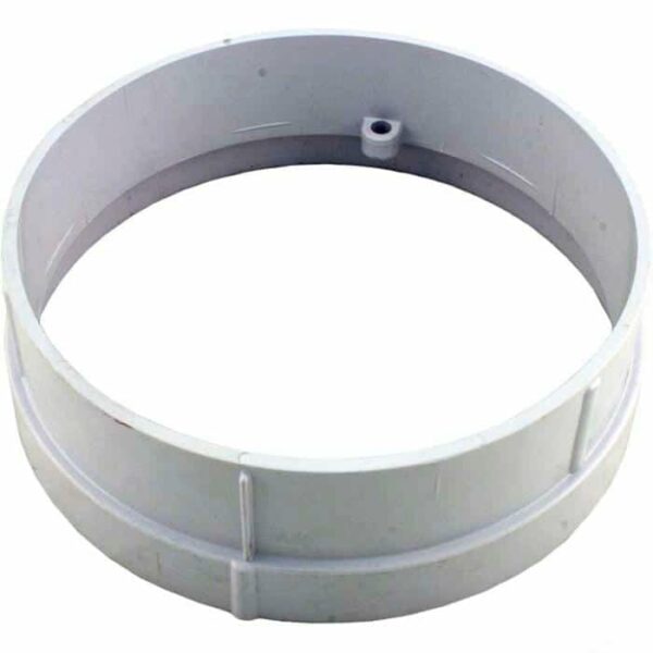 The Skimmer Extension Collar - Round (SP1084P1) is a white, plastic, round collar with a smooth surface and a small notch or hole on the inner side, used as a plumbing or pipe fitting component.