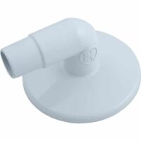 The Skimmer Vac Plate (SP1094D) is a white, round plastic fitting with a flat base and an angled tube on top, designed for use in pool plumbing and connections.
