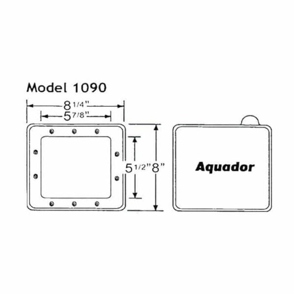 Black and white diagram of the Aquador 1090 Faceplate and Lid, showing a square cover labeled Aquador with measurements: outer width 8 1/4, inner width 5 7/8, and inner height 5 1/2.