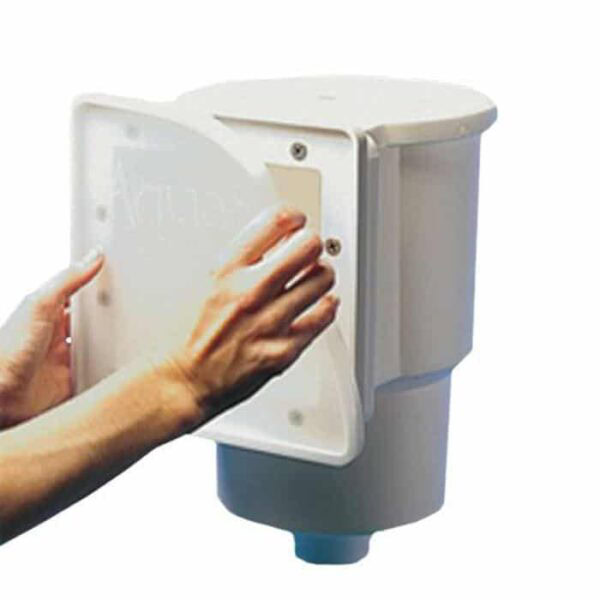 A person’s hands are opening the lid of an Aquador 1090 Faceplate and Lid, a white wall-mounted plastic container, against a plain white background.