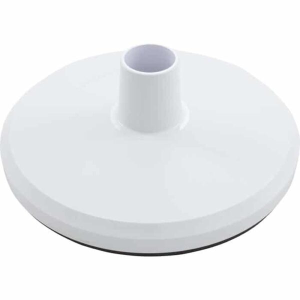 The Skimmer Vac Plate with Gasket (SP1106) is a white, round plastic base featuring a raised cylindrical center, designed to serve as a stand or holder for compatible pool skimmer systems.