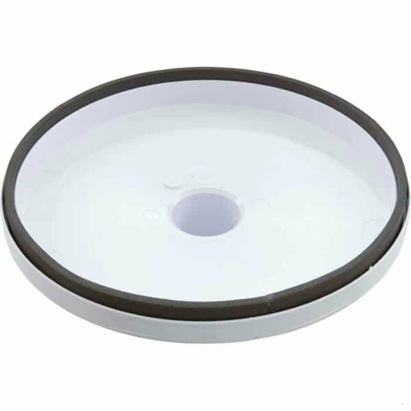 The Skimmer Vac Plate with Gasket (SP1106) is a white round plastic tray with a raised edge, central hole, and a black rubber gasket along the outer rim.